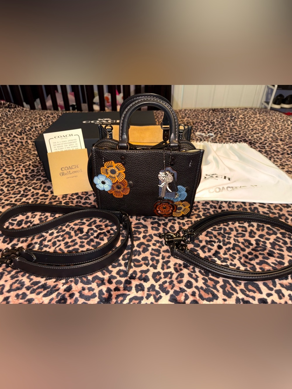 (Re)Loved Collection Coach Rogue 20 in Black With Appliqué Tea Rose Flowers